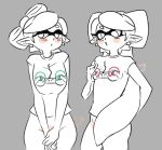 2019 accessory animal_humanoid blush bottomless breast_size_difference breasts callie_(splatoon) cephalopod cephalopod_humanoid clothed clothing covering covering_self duo ear_piercing female grey_background hair_accessory hair_bow hair_ribbon humanoid humanoid_pointy_ears inkling looking_at_another marie_(splatoon) marine marine_humanoid mollusk mollusk_humanoid nintendo piercing ribbons rockecchi shirt simple_background small_breasts splatoon squid_sisters_(splatoon) topwear video_games 