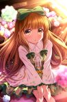  1girl :o ayase_midori bangs blue_flower blunt_bangs blush bow brown_eyes brown_hair commentary_request dress eyebrows_visible_through_hair flower green_bow green_dress green_flower hair_bow hands_on_own_thighs idolmaster idolmaster_cinderella_girls long_hair long_sleeves looking_at_viewer parted_lips pleated_dress purple_flower shirt sleeveless sleeveless_dress sleeves_past_wrists solo striped striped_bow very_long_hair white_shirt wide_sleeves yellow_flower yorita_yoshino 