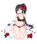  1girl :o bare_arms bare_legs bare_shoulders barefoot bikini black_bikini black_hair breasts cleavage collarbone copyright_request flower hair_flower hair_ornament halter_top halterneck large_breasts long_hair looking_at_viewer mal_poi mat navel parted_lips petals pointy_ears ponytail red_eyes red_flower rose side-tie_bikini sidelocks simple_background sitting solo stomach swimsuit thighs very_long_hair wariza white_background wristband 