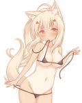  1girl animal_ear_fluff animal_ears ayanami_(azur_lane) azur_lane bangs bare_arms bare_shoulders bikini bikini_in_mouth bikini_pull black_bikini blush breasts cleavage closed_mouth collarbone commentary_request eyebrows_visible_through_hair fox_ears fox_girl fox_tail groin hair_between_eyes hair_ornament hairclip kemonomimi_mode light_brown_hair long_hair medium_breasts mouth_hold navel one-piece_tan pulled_by_self red_eyes sakurato_ototo_shizuku simple_background solo swimsuit tail tail_raised tan tanline untied untied_bikini very_long_hair white_background 