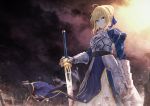  1girl ahoge armor armored_dress artoria_pendragon_(all) bae.c bangs blonde_hair blue_bow blue_dress blurry blurry_background bow braid breastplate commentary_request day depth_of_field dress excalibur fate/stay_night fate_(series) flag gauntlets green_eyes hair_between_eyes hair_bow hair_bun hand_on_hilt juliet_sleeves long_sleeves looking_at_viewer outdoors puffy_sleeves saber sidelocks smoke solo standing 