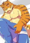  2019 anthro belly blue_fur bodily_fluids butt clothing duo felid fur humanoid_hands jockstrap male male/male mammal misterdonn moobs nipples orange_fur overweight overweight_male pantherine sweat tiger underwear 