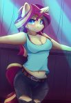  2019 absurd_res anthro ardail belt blush clothed clothing equestria_girls equid female hi_res horn looking_at_viewer mammal my_little_pony navel solo sunset_shimmer_(eg) unicorn 
