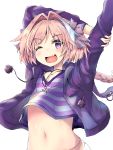  1boy astolfo_(fate) bow braid collarbone commentary_request fang fate/grand_order fate_(series) hair_bow hair_intakes hair_ribbon jacket long_braid long_hair looking_at_viewer male_focus multicolored_hair navel otoko_no_ko pink_hair purple_bow purple_eyes purple_jacket ribbon shirt simple_background single_braid skin_fang skirt solo streaked_hair striped striped_shirt tihoro1609 upper_body white_background 
