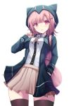  1girl absurdres backpack bag bangs beige_skirt black_legwear blush breasts commentary danganronpa english_commentary eyebrows_visible_through_hair flipped_hair hair_ornament hairclip highres hood hood_up hoodie jacket large_breasts long_sleeves looking_at_viewer nanami_chiaki pink_bag pink_eyes pink_hair school_uniform short_hair simple_background skirt solo stratozpherez super_danganronpa_2 thighhighs white_background 