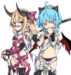  2girls bangs bare_shoulders bat_wings bikini black_bikini black_gloves black_legwear blonde_hair blue_hair bow braces breasts club covered_mouth cowboy_shot elbow_gloves eyebrows_visible_through_hair fingerless_gloves flandre_scarlet gloves hair_bow hairband holding holding_weapon horns huge_weapon katana looking_at_viewer masked medium_breasts medium_hair multiple_girls noya_makoto over_shoulder pink_eyes pointy_ears raised_eyebrow remilia_scarlet setsubun short_hair siblings simple_background sisters slit_pupils standing stomach striped striped_bow swimsuit sword sword_over_shoulder thighhighs torn_clothes touhou weapon weapon_over_shoulder white_background wings wrist_wrap 