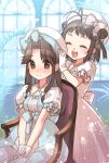  2girls :d ^_^ antenna_hair armchair bangs blue_bow blurry blurry_background blush bow breasts brown_eyes brown_hair chair closed_eyes depth_of_field double_bun dress eyebrows_visible_through_hair forehead frilled_dress frills gloves hair_intakes hair_ribbon hands_on_lap hat highres jintsuu_(kantai_collection) kantai_collection koruri light_blue_dress long_hair multiple_girls naka_(kantai_collection) on_chair open_mouth parted_bangs pink_bow pink_dress pleated_dress puffy_short_sleeves puffy_sleeves putting_on_headwear ribbon round_teeth short_sleeves sidelocks signature sitting small_breasts smile standing teeth tress_ribbon two_side_up upper_teeth white_dress white_gloves white_headwear window 