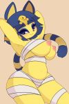  2019 2:3 animal_crossing ankha_(animal_crossing) anthro areola blue_eyes blue_hair blus breasts digital_media_(artwork) domestic_cat egyptian felid feline felis female hair hands_behind_head hi_res looking_at_viewer mammal nintendo nipples pinkcappachino short_hair simple_background smile solo video_games wraps 