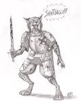  0laffson 2019 4_toes 5_fingers anthro barefoot blood bodily_fluids digitigrade felid feline fingers hi_res holding_object holding_weapon lynx male mammal melee_weapon open_mouth solo standing sword teeth toes tongue traditional_media_(artwork) weapon 