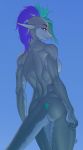  2019 4_fingers absurd_res anthro blue_background blue_hair breasts evelyn_(adorablydevious) female fingers fish green_hair grey_skin hair hi_res ldr marine non-mammal_breasts purple_eyes shark simple_background solo standing 