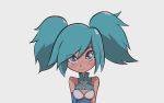  absurdres bare_shoulders blue_eyes blue_gloves blue_hair blue_neckwear breasts cleavage elbow_gloves evie_(paladins) eyebrows eyebrows_visible_through_hair frown gloves highres paladins sad stuffted twintails white_background 