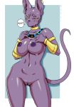  2019 anthro beerus blush bodily_fluids breasts crossgender domestic_cat dragon_ball dragon_ball_super felid feline felis female front_view hi_res jewelry looking_at_viewer mammal mcfli navel nipples nude pussy simple_background solo sphynx_(cat) standing sweat 