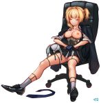  1girl absurdres bangs black_footwear black_gloves blonde_hair blunt_bangs blush bra bra_removed breasts breasts_outside chair cleavage closed_eyes cum cum_on_body cum_on_breasts cum_on_upper_body eonsang eyebrows_visible_through_hair facial girls_frontline gloves highres jacket_on_shoulders necktie necktie_removed nipples pleated_skirt simple_background sitting skirt spread_legs thigh_strap two_side_up underwear vest welrod_mk2_(girls_frontline) white_background white_bra white_legwear 