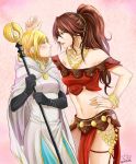  2girls artist_name bare_shoulders black_gloves blonde_hair bracelet brown_hair commentary earrings eye_contact face-to-face gloves gumbat holding holding_staff hoop_earrings jewelry lipstick long_hair looking_at_another makeup midriff mole mole_under_mouth multiple_girls navel necklace octopath_traveler ophilia_(octopath_traveler) ponytail primrose_azelhart profile red_lipstick revealing_clothes smile staff wall_slam white_robe yuri 