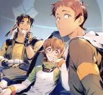  1girl 2boys blue_eyes bomssp bread brown_eyes brown_hair dark_skin dark_skinned_male eating food glasses high_collar highres hood hoodie hunk_(voltron) lance_(voltron) looking_at_viewer multiple_boys pidge_gunderson reverse_trap short_hair sitting voltron:_legendary_defender 