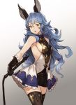  1girl animal_ears armpit_crease armpit_peek bangs bare_shoulders blue_hair breasts brown_gloves brown_legwear bunny_ears commentary_request cowboy_shot dress erune ferry_(granblue_fantasy) frilled_gloves frills fur_trim gloves gradient gradient_background granblue_fantasy grey_background hair_between_eyes hand_on_hip head_tilt highres holding holding_whip houtengeki leather leather_gloves long_hair looking_at_viewer medium_breasts open_mouth sideboob skindentation solo standing thighhighs thighs turtleneck upper_teeth very_long_hair wavy_hair whip white_background white_frills yellow_eyes zettai_ryouiki 