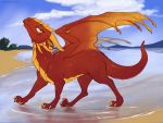  2019 4:3 beach claws detailed_background digital_media_(artwork) dragon feral hi_res membrane_(anatomy) membranous_wings scalie seaside sky smile solo standing water western_dragon wet wings zazush-una 