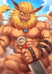  2019 5_fingers abs anthro biceps blue_eyes blue_sky blush bodily_fluids clenched_teeth convenient_censorship digimon digimon_(species) ear_piercing ear_ring felid fingers fur hair hi_res leomon male mammal melee_weapon muscular muscular_male nipples obliques pecs piercing rabbity sitting sky solo sweat sword teeth weapon 