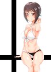  0:00 1girl arm_support bangs bikini breasts brown_eyes brown_hair cleavage closed_mouth collarbone commentary eyebrows_visible_through_hair front-tie_bikini front-tie_top girls_und_panzer groin hand_in_hair highres invisible_chair light_blush looking_at_viewer medium_breasts navel nishizumi_maho short_hair sitting smile solo swimsuit thigh_gap thighs white_background white_bikini 