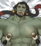 2017 abs beard black_hair blizzard_entertainment blue_hair bodily_fluids braided_hair ear_piercing ear_ring facial_hair gomtang hair humanoid lactating long_hair lying male male_lactation milk moobs muscular muscular_male nipples obliques on_back orc pecs piercing solo sweat thrall tongue tongue_out tusks video_games warcraft 