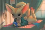  &lt;3 3_toes aggressive_retsuko anthro big_ears breasts calendar canid canine cellphone cleavage clothed clothing female fennec fenneko fox haida mammal miles_df pawpads phone sanrio shirt solo toes topwear 