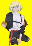  1boy belt casual eating food green_hair hamburger highres jacket lio_fotia looking_at_viewer male_focus off_shoulder pants promare purple_eyes short_hair solo torn_clothes torn_pants yagita_(astronomie) 