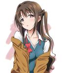  1girl blazer bow breasts brown_eyes brown_hair cleavage collarbone eyebrows_visible_through_hair idolmaster idolmaster_cinderella_girls jacket long_hair off_shoulder ootoro parted_lips school_uniform shimamura_uzuki side_ponytail simple_background solo sweater_vest upper_body white_background 