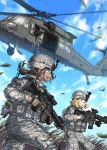  2girls aircraft assault_rifle blonde_hair body_armor brown_hair cloud commentary digital_camouflage fisheye foregrip glasses gloves grass green_eyes gun helicopter helmet kws leaf load_bearing_vest long_hair looking_at_another looking_to_the_side m240 m4_carbine machine_gun medium_hair military military_uniform multiple_girls open_mouth original ponytail red_eyes rifle running safety_glasses sky soldier trigger_discipline uh-60_blackhawk uniform walkie-talkie weapon wind 