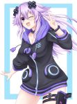  1girl adult_neptune blush bracelet breasts choker cleavage d-pad d-pad_hair_ornament hair_between_eyes hair_ornament highres hood hooded_jacket jacket jewelry long_hair looking_at_viewer medium_breasts neptune_(series) one_eye_closed open_mouth purple_eyes purple_hair seshiro_(which501) shin_jigen_game_neptune_vii smile solo thigh_strap usb v very_long_hair 