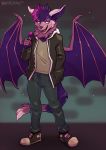  2019 5_fingers anthro chiropteran clothed clothing digital_media_(artwork) fingers kaitycuddle male mammal membrane_(anatomy) membranous_wings open_mouth smile solo standing teeth tongue wings 