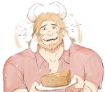  2016 5_fingers anthro asgore_dreemurr beard blonde_hair bodily_fluids boss_monster bovid caprine facial_hair fingers food gomtang hair happy holding-object horn male mammal monster muscular muscular_male open_mouth open_smile pie plate smile solo tears undertale video_games 