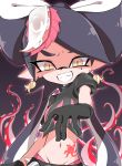  1girl aori_(splatoon) belt black_belt black_gloves black_hair black_shirt brown_eyes domino_mask earrings evil_grin evil_smile food food_on_head gloves grin groin highres jewelry long_hair mask midriff mole mole_under_eye navel object_on_head pointy_ears sharp_teeth shirt short_sleeves smile solo spiked_belt splatoon_(series) splatoon_2 squid stomach_tattoo sukeo_(nunswa08) sushi tako-san_wiener tattoo teeth tentacle_hair tentacles very_long_hair 