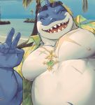  2018 5_fingers anthro beach belly blue_sky cetacean clothed clothing delphinoid eyes_closed eyewear fingers fish gesture gomtang happy hybrid jewelry male mammal marine moobs musclegut muscular muscular_male necklace nipples oceanic_dolphin open_mouth open_shirt open_smile orca palm_tree pecs scar sea seaside shark sharp_teeth sky smile solo sunglasses teeth tokyo_afterschool_summoners toothed_whale tree typhon v_sign video_games water 