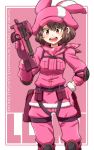  1girl animal_hat aono3 bandana brown_hair bullpup bunny_hat camouflage character_name commentary copyright_name cowboy_shot elbow_pads english_text eyebrows_visible_through_hair fur-trimmed_gloves fur_trim gloves gun hand_on_hip harness hat highres holding holding_gun holding_weapon jacket knee_pads llenn_(sao) long_sleeves looking_at_viewer open_mouth p-chan_(p-90) p90 pants pink_background pink_bandana pink_eyes pink_gloves pink_headwear pink_jacket pink_pants pouch short_hair smile solo standing submachine_gun sword_art_online sword_art_online_alternative:_gun_gale_online trigger_discipline v-shaped_eyebrows weapon 