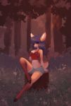  aldea_(character) anthro bottomwear breasts cervid clothed clothing female flower forest grass hi_res hooves kolae mammal plant shorts sitting smile solo tree 