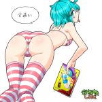  1girl ahoge alternate_costume aono3 aqua_eyes aqua_hair ass bra breasts eyebrows_visible_through_hair from_behind highres looking_at_viewer looking_back manga_(object) medium_breasts panties short_hair simple_background solo speech_bubble striped striped_bra striped_legwear striped_panties tatara_kogasa thighhighs tongue tongue_out touhou underwear white_background 
