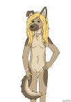  2019 5_fingers absurd_res anthro arm_markings belly blonde_hair blue_eyes bracelet breasts brown_fur canid canine canis claws collar collar_ring collar_tag cute_fangs digital_media_(artwork) domestic_dog facial_piercing female fingers fluffy fur german_shepherd hair hand_on_hip herding_dog hi_res humanoid_hands jewelry kira_mudford_(nmd90) leg_markings long_hair looking_away mammal markings navel neck_tuft nipples nmd90 nose_piercing nose_ring pastoral_dog piercing pussy simple_background small_breasts smile solo standing teenager tuft white_background young 