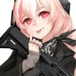  1girl assault_rifle bandana girls_frontline gun hair_between_eyes m4_sopmod_ii m4_sopmod_ii_(girls_frontline) pink_hair red_eyes rifle saliva saliva_trail short_hair sleeves_past_wrists solo tongue tongue_out upper_body vectorek weapon white_background 