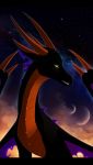  2017 black_bars detailed_background dragon feathered_wings feathers feral green_eyes hi_res horn night outide outside scalie skaydie sky smile solo spines star starry_sky teeth western_dragon wings 