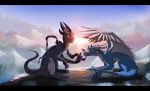  2017 black_bars claws day detailed_background dragon duo feathered_dragon feathered_wings feathers feral hi_res horn outside skaydie smile spines wings 