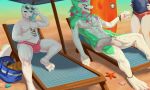  2019 5:3 anthro beach blue_eyes blue_hair bulge clothing digital_media_(artwork) dots duo elizabeth_(lizzy) eyewear fur green_fur green_hair hair hi_res lizard looking_at_viewer male mellon mspaox open_mouth outside pecs pink_hair red_eyes reptile scalie seaside sergal smile spots sunglasses surfboard swimwear thick_thighs tongue tongue_out water white_fur 