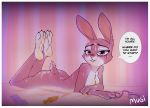  anthro bedroom_eyes bite biting_lip bodily_fluids breasts butt buttplug cum cum_on_back cum_on_breasts cum_on_butt cum_on_face cum_on_feet dialogue disney english_text feet female genital_fluids half-closed_eyes handcuffs hindpaw judy_hopps lagomorph leporid looking_at_viewer lying mammal mugibunbun nude on_front paws rabbit running_mascara seductive self_bite sex_toy shackles soles solo speech_bubble text wrapped_condom zootopia 
