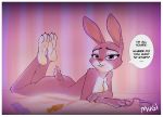  anthro bedroom_eyes bite biting_lip breasts buttplug dialogue disney english_text feet female half-closed_eyes handcuffs hindpaw judy_hopps lagomorph leporid looking_at_viewer lying mammal mugibunbun nude on_front paws rabbit seductive self_bite sex_toy shackles soles solo speech_bubble text wrapped_condom zootopia 