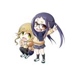  2girls :d arm_up bangs black-framed_eyewear black_legwear black_scarf blue_hair blue_skirt blush brown_eyes brown_hair brown_sweater chibi eyebrows_visible_through_hair fang fringe_trim glasses green_eyes hair_between_eyes hair_tie highres index_finger_raised inuyama_aoi kneehighs kuena long_hair long_sleeves multiple_girls oogaki_chiaki open_mouth outstretched_arm pleated_skirt scarf shoes simple_background skirt smile squatting standing sweater thick_eyebrows thighhighs uwabaki white_background white_footwear yurucamp 