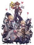  3boys after_battle arm_support blonde_hair blue_eyes brown_hair dirty_face dual_wielding hand_on_hip heart heartless holding indian_style jacket jewelry keyblade kingdom_hearts kingdom_hearts_birth_by_sleep kingdom_hearts_ii kingdom_hearts_iii kingdom_key looking_at_viewer multiple_boys necklace oathkeeper oblivion_(keyblade) over_shoulder planted_weapon roxas serious shoes simple_background sitting smile sneakers sora_(kingdom_hearts) standing symbol_commentary ventus weapon weapon_over_shoulder wristband yurichi_(artist) 
