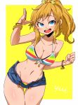  1girl aono3 bikini blonde_hair blue_eyes blue_shorts bracelet breasts character_name cleavage clenched_hand commentary cowboy_shot denim denim_shorts eyebrows_visible_through_hair eyelashes front-tie_bikini front-tie_top groin hair_bobbles hair_ornament head_tilt highres idolmaster idolmaster_cinderella_girls idolmaster_cinderella_girls_starlight_stage jewelry leaning_to_the_side looking_at_viewer medium_breasts medium_hair micro_shorts multicolored multicolored_stripes navel ootsuki_yui open_clothes open_mouth open_shorts outside_border ponytail rainbow_bikini shorts simple_background smile solo standing star star_bracelet star_hair_ornament striped striped_bikini swimsuit thigh_gap thighs unbuttoned_shorts w_arms waving yellow_background 