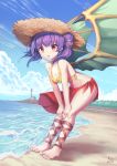  1girl barefoot beach bikini blue_sky breasts cleavage cloud day dragon_wings fire_emblem fire_emblem:_the_sacred_stones hat highres leaning_forward mamkute multi-tied_hair myrrh mystic-san open_mouth outdoors purple_hair red_eyes sky solo straw_hat swimsuit twintails water wings 
