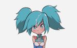  absurdres bare_shoulders blue_eyes blue_gloves blue_hair blue_neckwear breasts cleavage elbow_gloves evie_(paladins) eyebrows eyebrows_visible_through_hair facial frown gloves highres paladins sad stuffted twintails white_background 