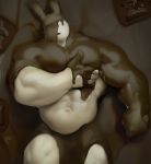  2019 abs anthro candy chocolate food lagomorph leporid male mammal muscular muscular_male navel open_mouth partially_submerged pec_grasp pecs rabbit solo uleezoo 