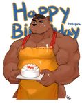  2017 5_fingers anthro apron biceps blank_stare brown_fur brown_hair bulge cake clothing eyebrows facial_hair fingers food fruit fur gomtang hair kemono male mammal muscular muscular_male pecs plant solo soul_patch strawberry vein 